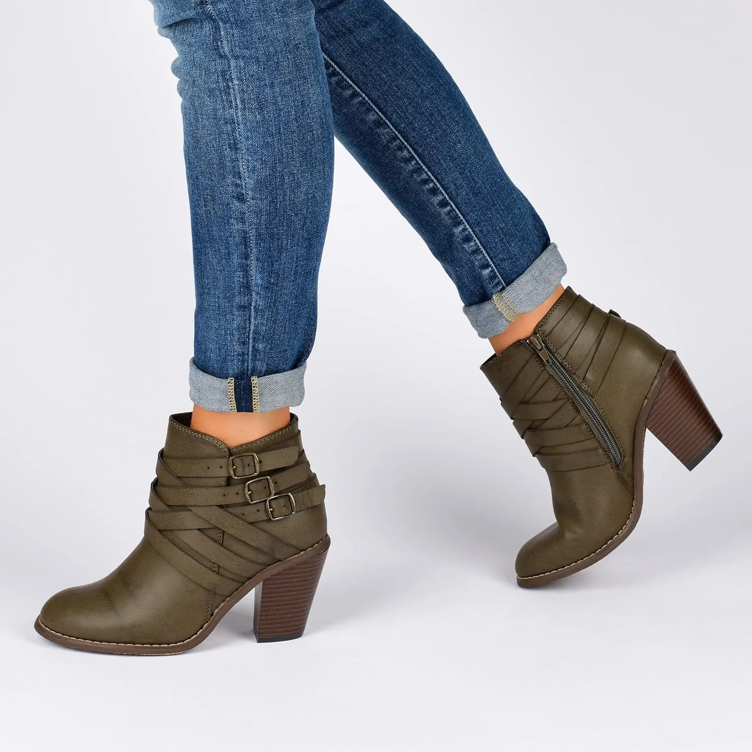 Journee Womens Strap Wide Width Inside Zip Stacked Heel Booties