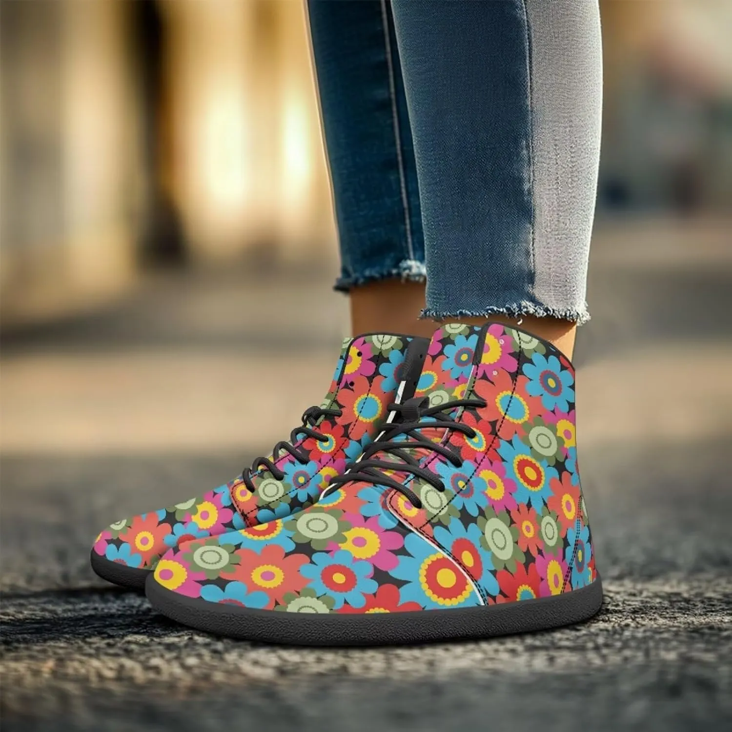 JoyLamoria Men Women High Top Barefoot Shoes Rainbow Pattern Pattern LGBT Fashion Sneakers Lace Up PU Leather Platform