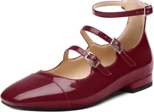 JUSTDANNI Flats for Women Mary Jane Shoes with Round Toe Low Chunky Block Heels Fashion Patent Ankle Strap Pumps for Wedding Party Dating Work