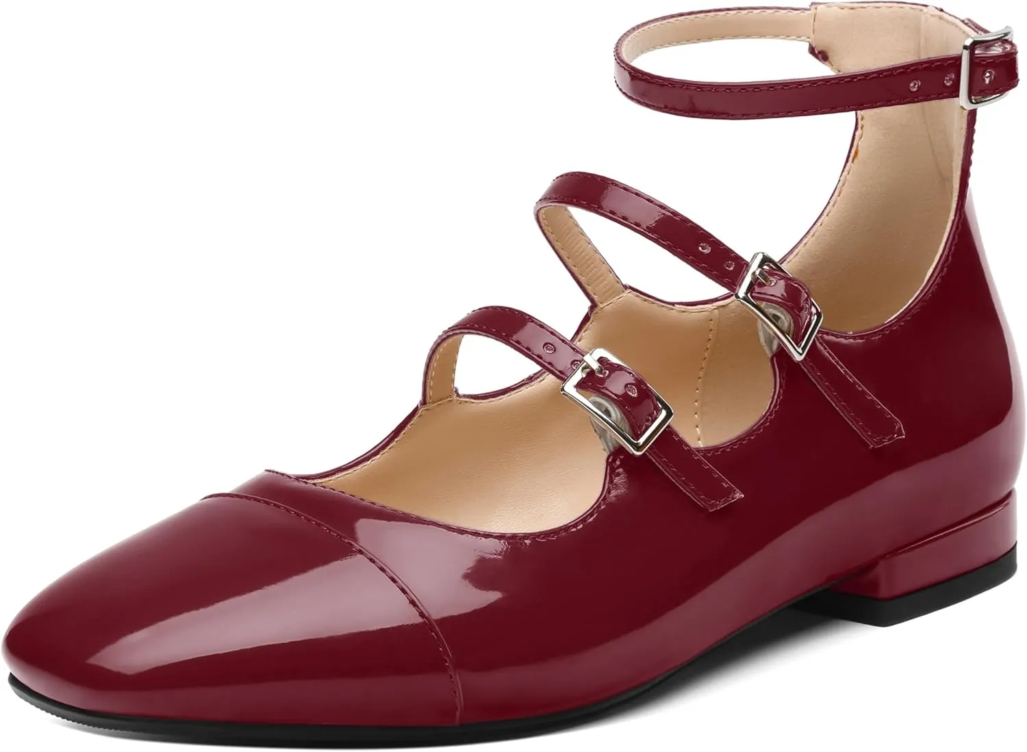 JUSTDANNI Flats for Women Mary Jane Shoes with Round Toe Low Chunky Block Heels Fashion Patent Ankle Strap Pumps for Wedding Party Dating Work