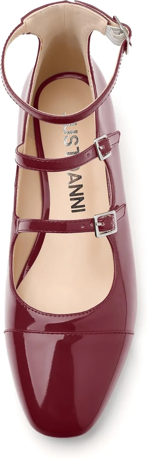 JUSTDANNI Flats for Women Mary Jane Shoes with Round Toe Low Chunky Block Heels Fashion Patent Ankle Strap Pumps for Wedding Party Dating Work