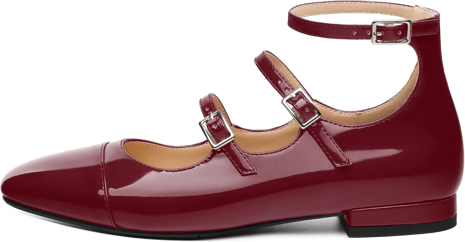 JUSTDANNI Flats for Women Mary Jane Shoes with Round Toe Low Chunky Block Heels Fashion Patent Ankle Strap Pumps for Wedding Party Dating Work