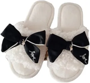 Kawaii Open Toe Slippers Women's Soft Bow Tie Fluffy Cozy House Shoes Sandals Fur Warm Comfy Slip On Slide Slippers (6,Black)