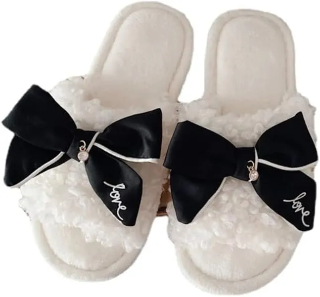 Kawaii Open Toe Slippers Women's Soft Bow Tie Fluffy Cozy House Shoes Sandals Fur Warm Comfy Slip On Slide Slippers (6,Black)