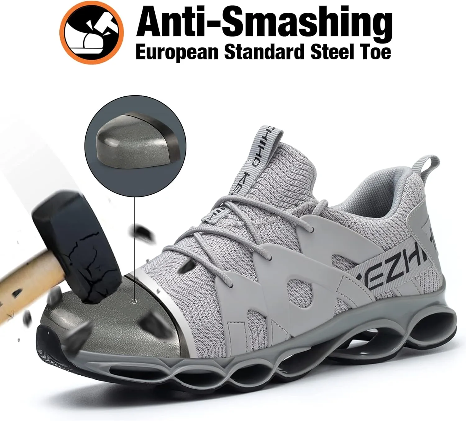 Kezhiho Men's Women's Steel Toe Work Sneakers, Yellow, Lightweight Breathable, Slip Resistant, Indestructible Construction, Safety Shoes