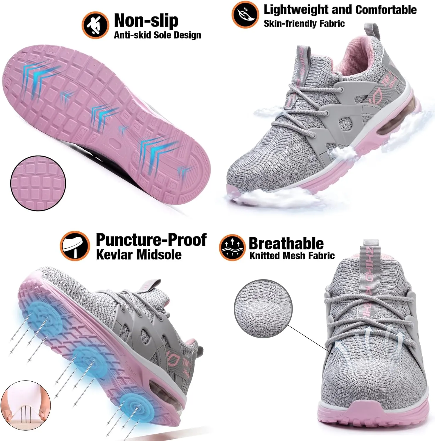 Kezhiho Steel Toe Shoes for Women Air Cushion Lightweight Work Shoes Comfortable Breathable Puncture Proof Slip Resistant Sneakers Indestructible Construction Industrial Safety Shoes