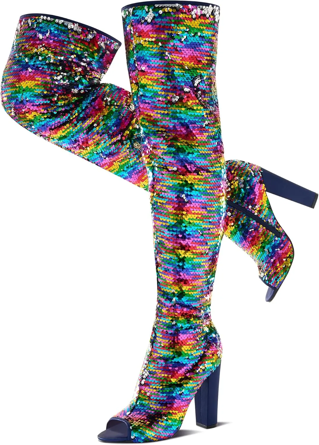 KHPAERMEI Sparkly Thigh High Boots for Women Sexy Sequin Over The Knee High Boots Party Prom Open Toe Chunky High Heels