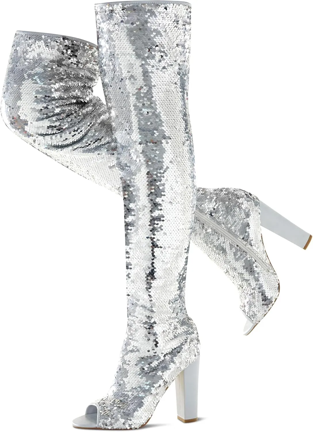 KHPAERMEI Sparkly Thigh High Boots for Women Sexy Sequin Over The Knee High Boots Party Prom Open Toe Chunky High Heels