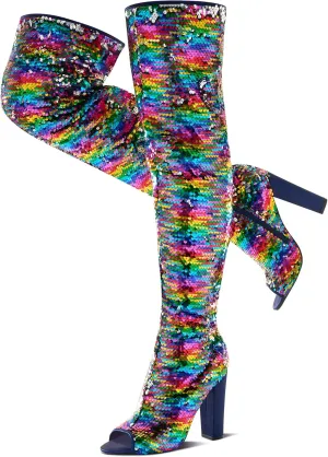 KHPAERMEI Sparkly Thigh High Boots for Women Sexy Sequin Over The Knee High Boots Party Prom Open Toe Chunky High Heels