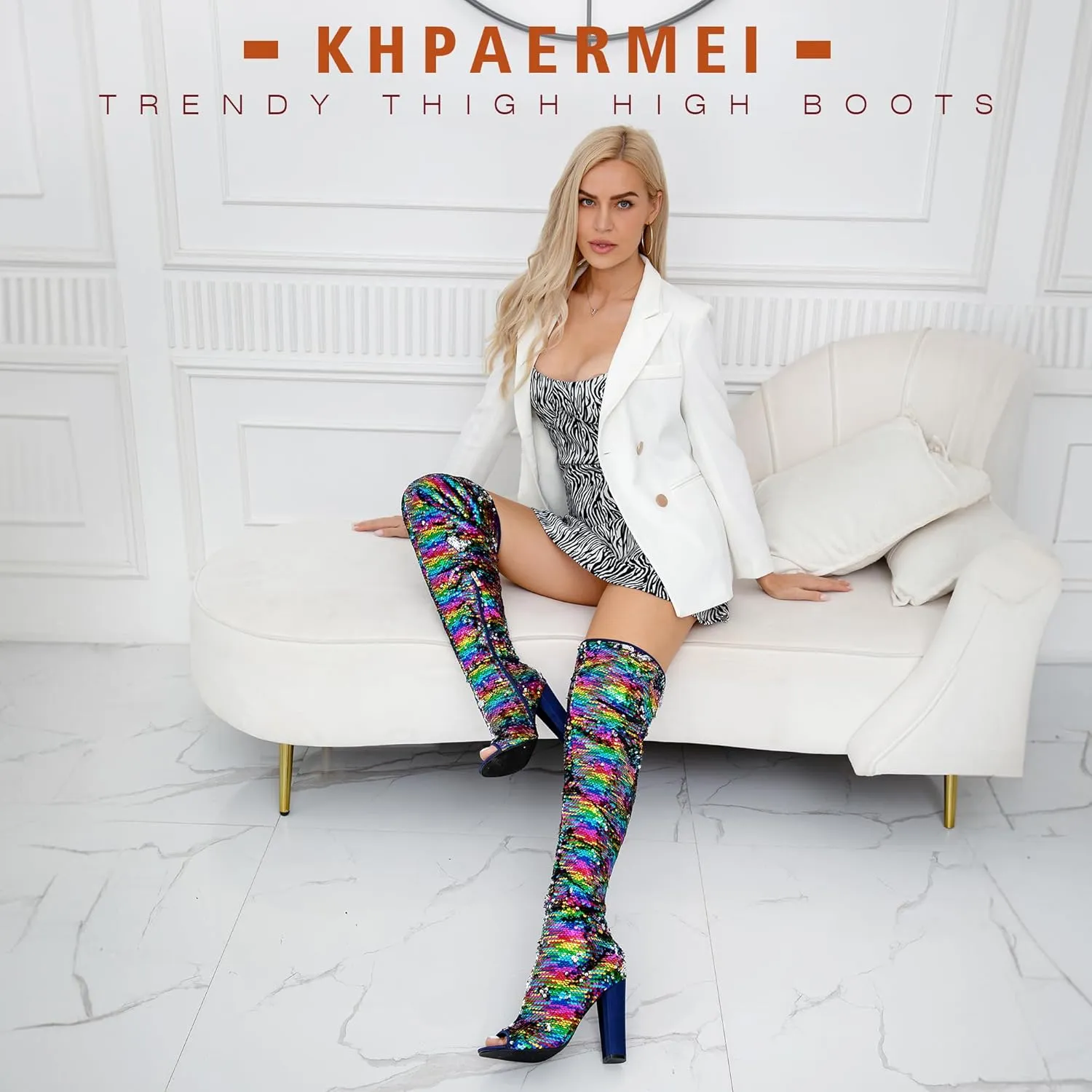 KHPAERMEI Sparkly Thigh High Boots for Women Sexy Sequin Over The Knee High Boots Party Prom Open Toe Chunky High Heels
