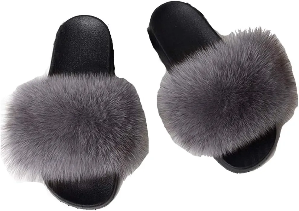 Kids Real Fox Fur Slippers Summer Feather Open Toe Single Strap Slip On Sandals