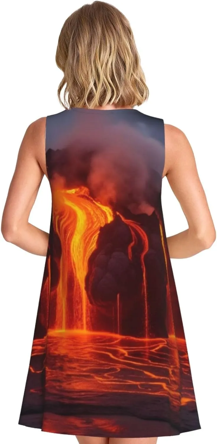 Kilauea Volcano Women's Summer Dress Casual Sleeveless Dresses Crew Neck Swing Tank Dress Sundress