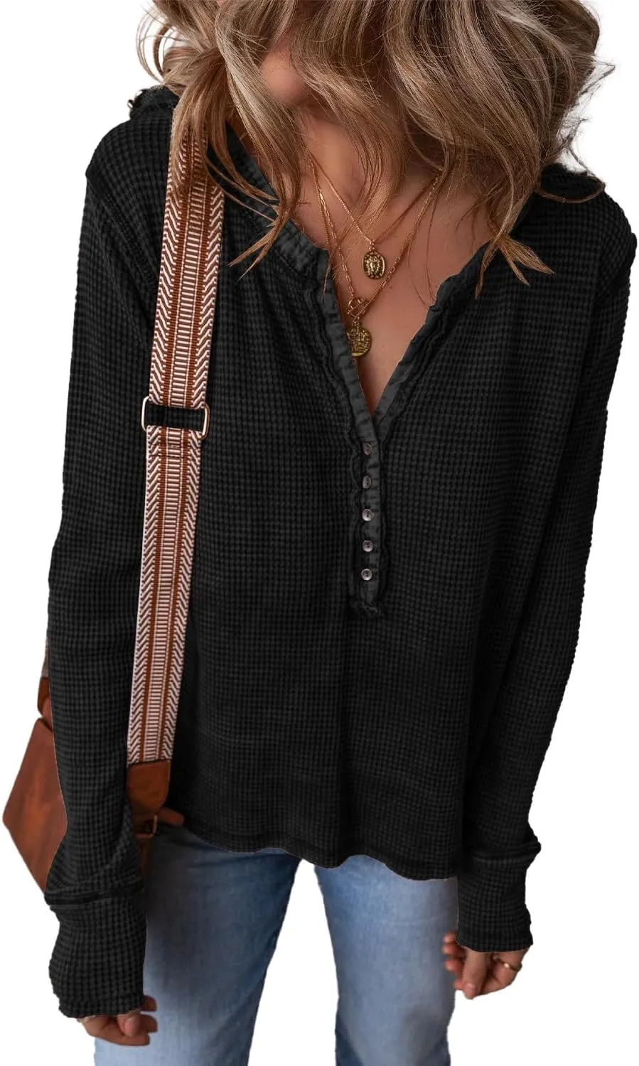 KINLONSAIR Womens Long Sleeve Patchwork Henley Shirts Casual Button Front Waffle Knit Tunic Top Solid Color Loose Fall Shirts