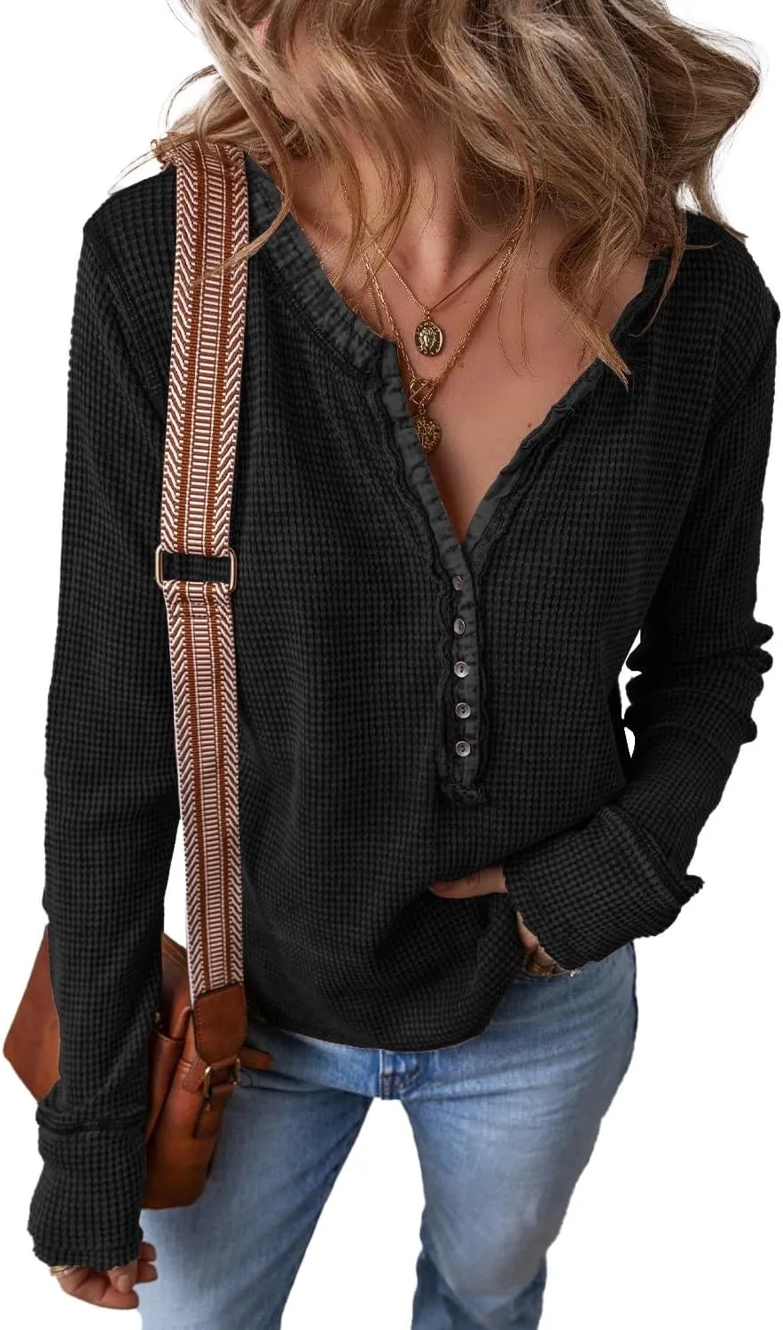 KINLONSAIR Womens Long Sleeve Patchwork Henley Shirts Casual Button Front Waffle Knit Tunic Top Solid Color Loose Fall Shirts