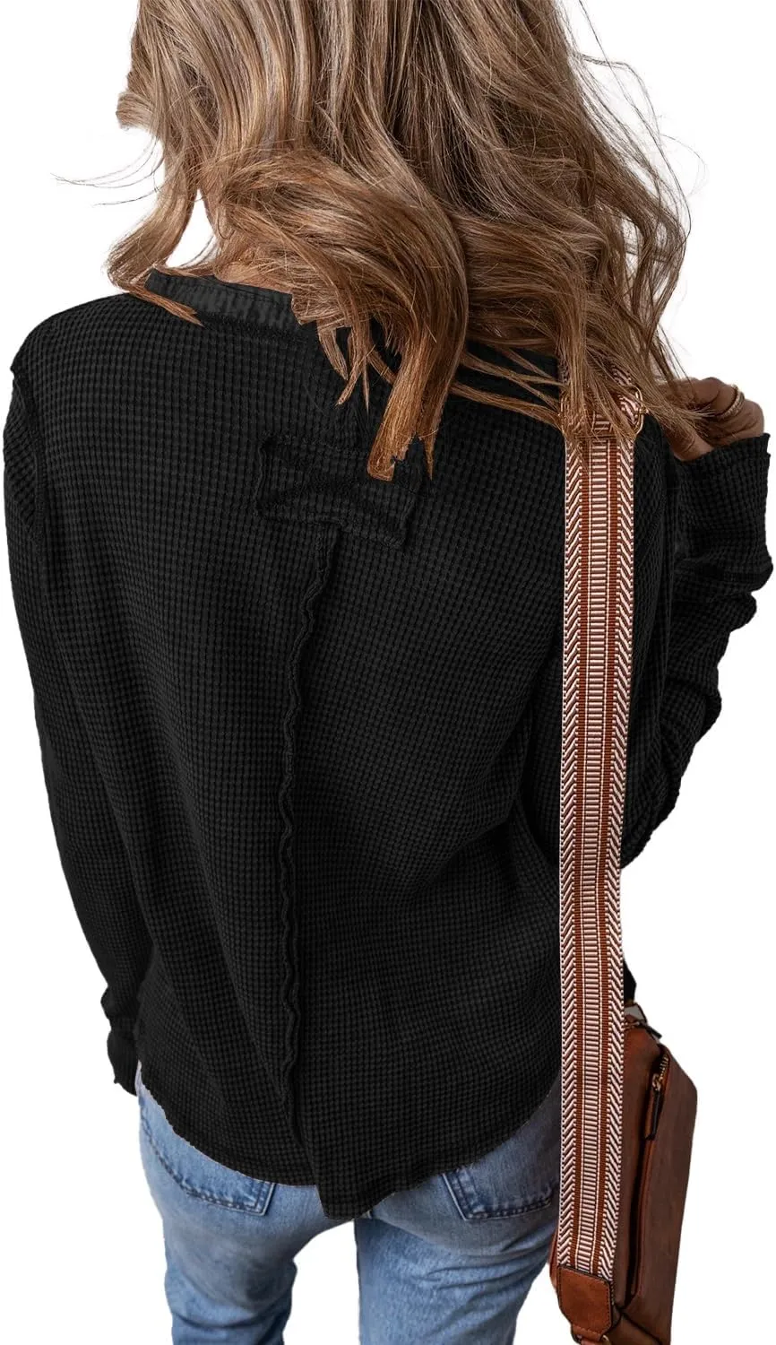 KINLONSAIR Womens Long Sleeve Patchwork Henley Shirts Casual Button Front Waffle Knit Tunic Top Solid Color Loose Fall Shirts
