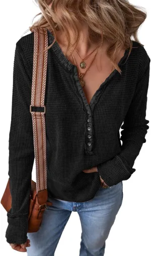 KINLONSAIR Womens Long Sleeve Patchwork Henley Shirts Casual Button Front Waffle Knit Tunic Top Solid Color Loose Fall Shirts