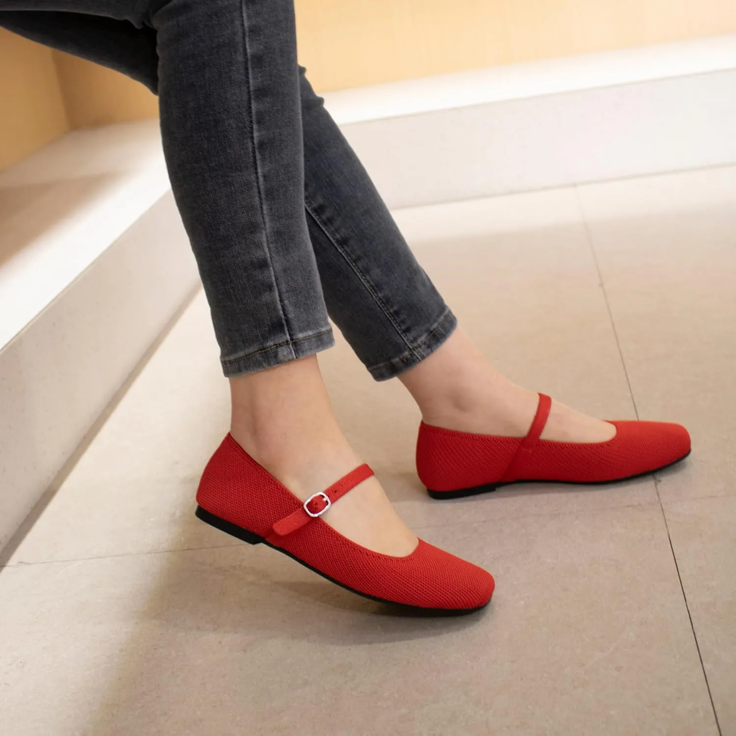 Knit Flats for Women Square Toe Flats Casual Ballet Flats with Ankle Strap,Mary Jane Shoes Women Comfortable for Dressy Office