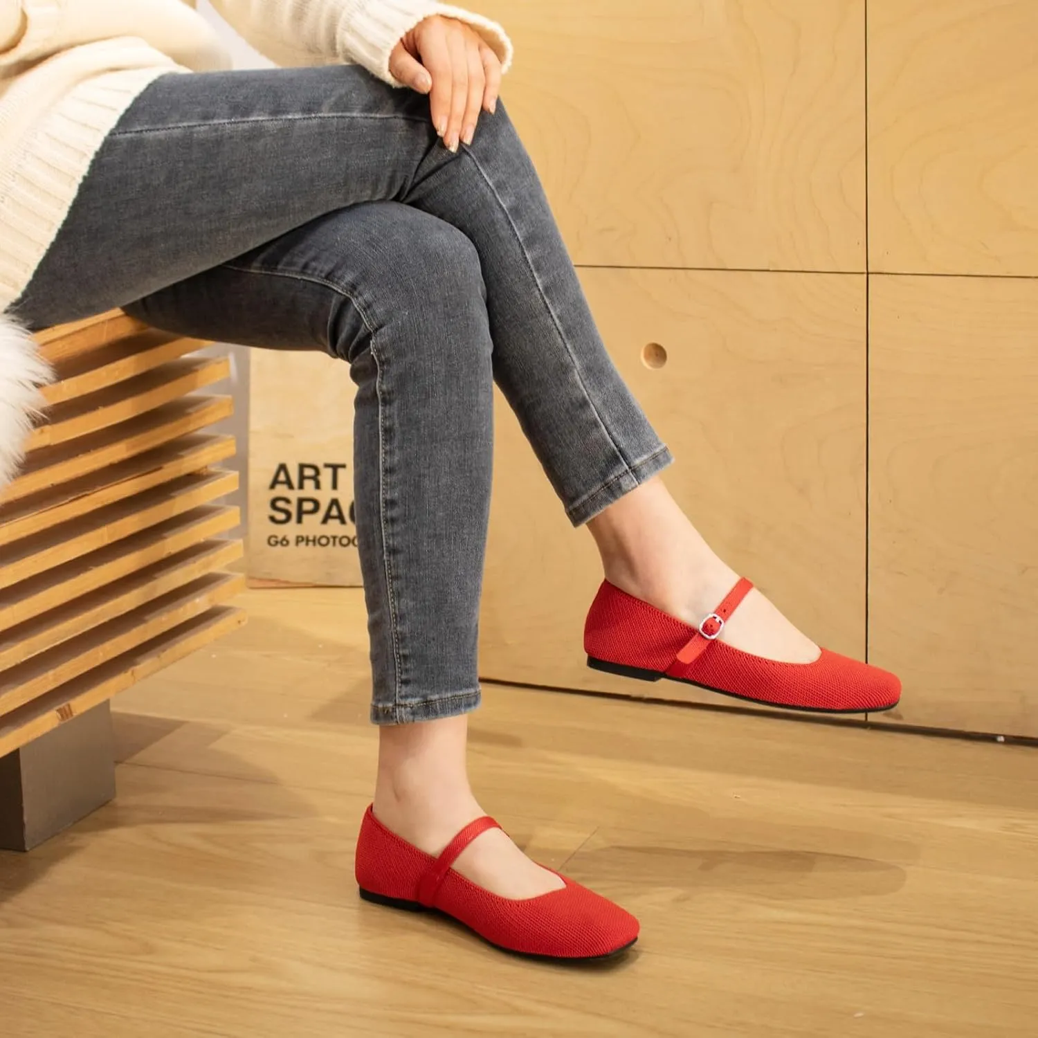 Knit Flats for Women Square Toe Flats Casual Ballet Flats with Ankle Strap,Mary Jane Shoes Women Comfortable for Dressy Office