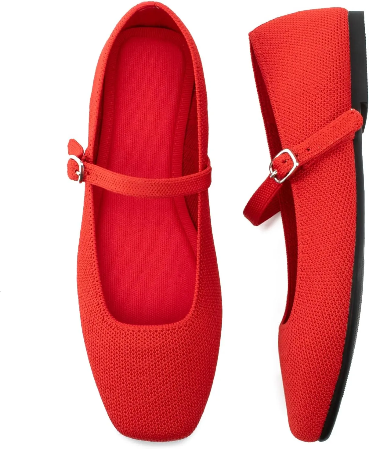 Knit Flats for Women Square Toe Flats Casual Ballet Flats with Ankle Strap,Mary Jane Shoes Women Comfortable for Dressy Office