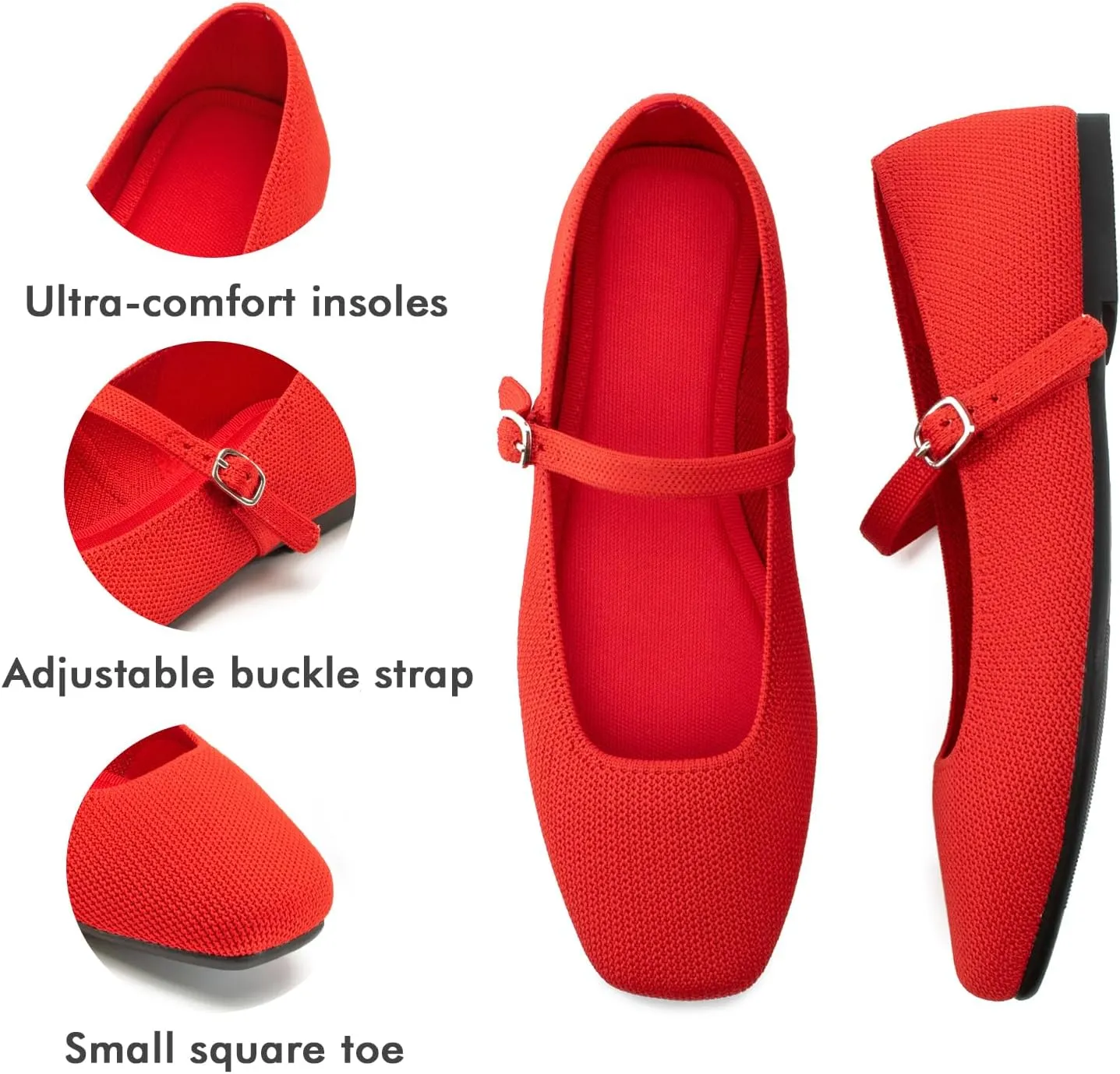 Knit Flats for Women Square Toe Flats Casual Ballet Flats with Ankle Strap,Mary Jane Shoes Women Comfortable for Dressy Office