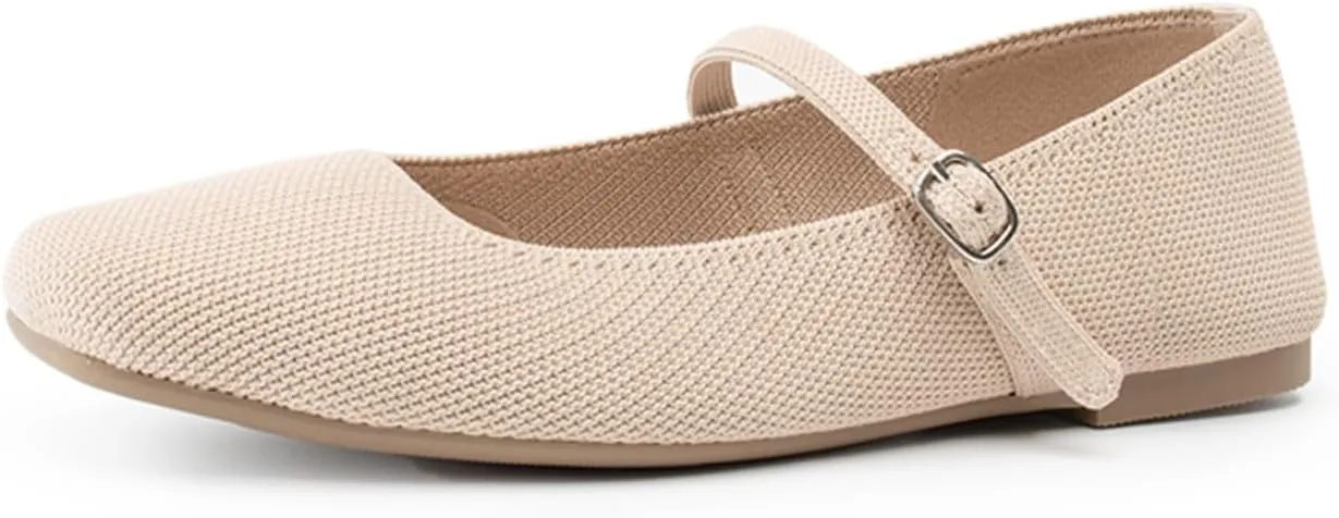 Knit Flats for Women Square Toe Flats Casual Ballet Flats with Ankle Strap,Mary Jane Shoes Women Comfortable for Dressy Office