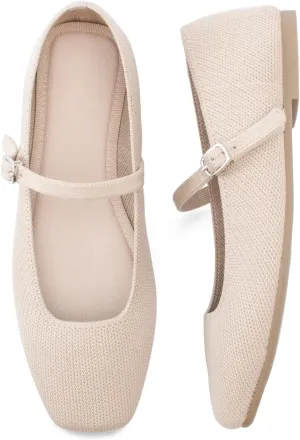 Knit Flats for Women Square Toe Flats Casual Ballet Flats with Ankle Strap,Mary Jane Shoes Women Comfortable for Dressy Office