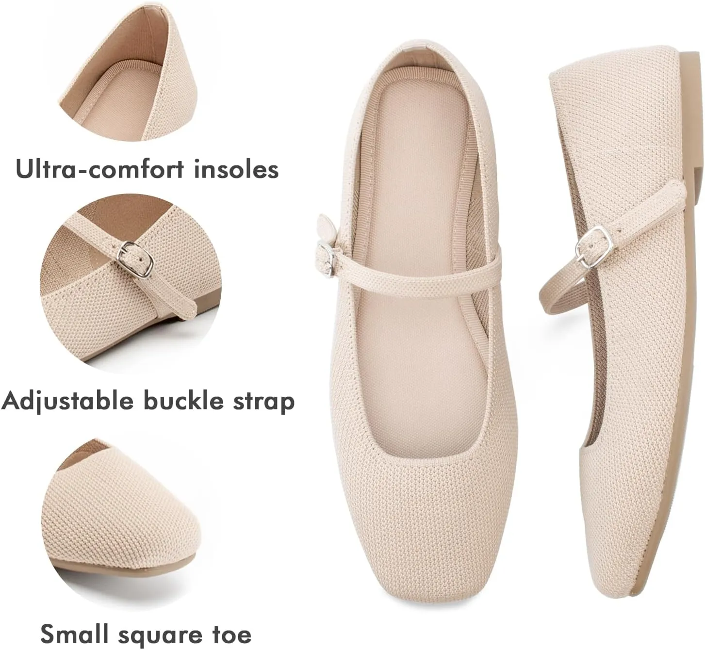 Knit Flats for Women Square Toe Flats Casual Ballet Flats with Ankle Strap,Mary Jane Shoes Women Comfortable for Dressy Office