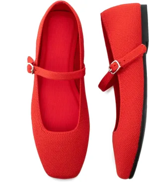 Knit Flats for Women Square Toe Flats Casual Ballet Flats with Ankle Strap,Mary Jane Shoes Women Comfortable for Dressy Office