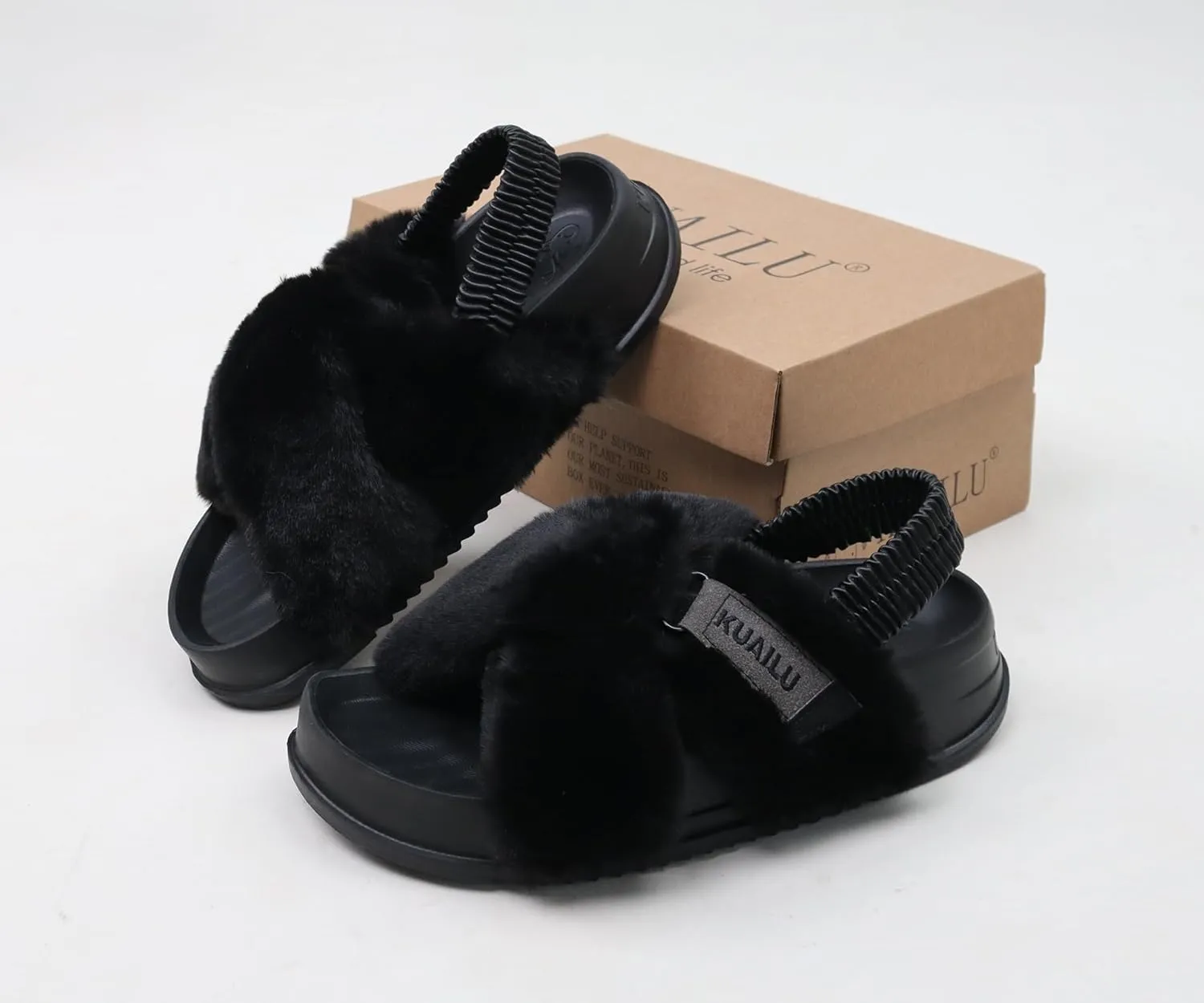 KuaiLu Womens Fuzzy Criss Cross Band Platform Slippers Arch Support Furry Faux Fur Ladies Open Toe Cozy Soft Plush Fleece Comfy House Shoes Sandals