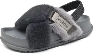 KuaiLu Womens Fuzzy Criss Cross Band Platform Slippers Arch Support Furry Faux Fur Ladies Open Toe Cozy Soft Plush Fleece Comfy House Shoes Sandals