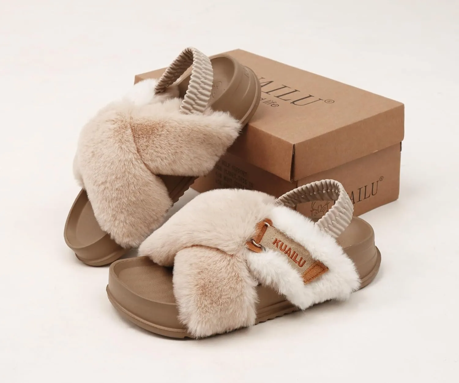 KuaiLu Womens Fuzzy Criss Cross Band Platform Slippers Arch Support Furry Faux Fur Ladies Open Toe Cozy Soft Plush Fleece Comfy House Shoes Sandals