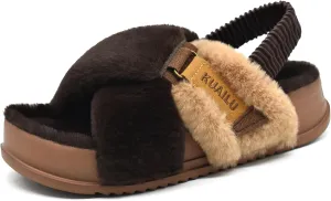 KuaiLu Womens Fuzzy Criss Cross Band Platform Slippers Arch Support Furry Faux Fur Ladies Open Toe Cozy Soft Plush Fleece Comfy House Shoes Sandals