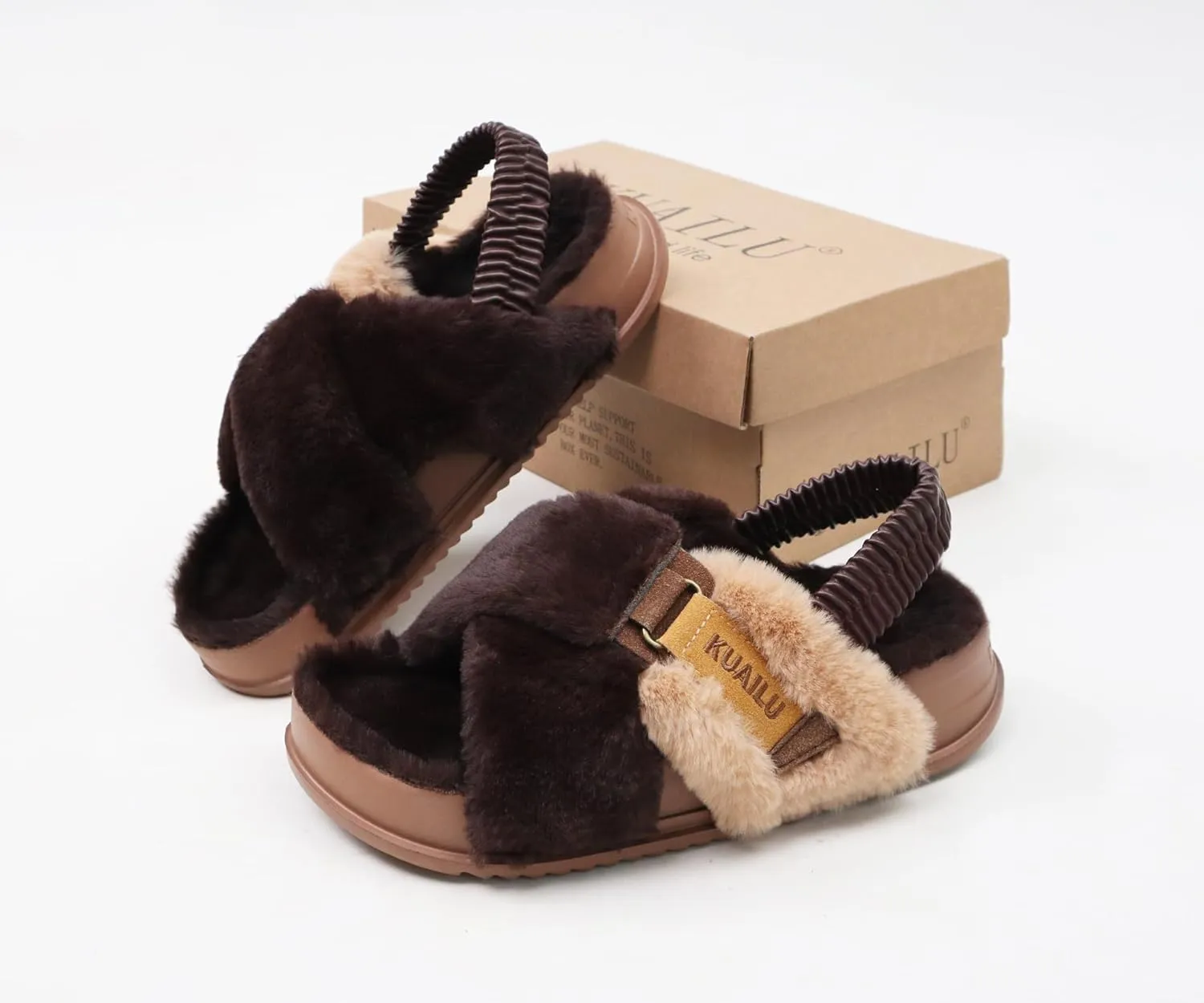 KuaiLu Womens Fuzzy Criss Cross Band Platform Slippers Arch Support Furry Faux Fur Ladies Open Toe Cozy Soft Plush Fleece Comfy House Shoes Sandals