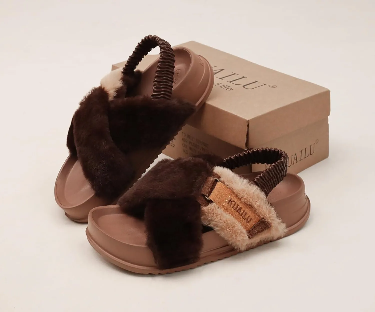 KuaiLu Womens Fuzzy Criss Cross Band Platform Slippers Arch Support Furry Faux Fur Ladies Open Toe Cozy Soft Plush Fleece Comfy House Shoes Sandals