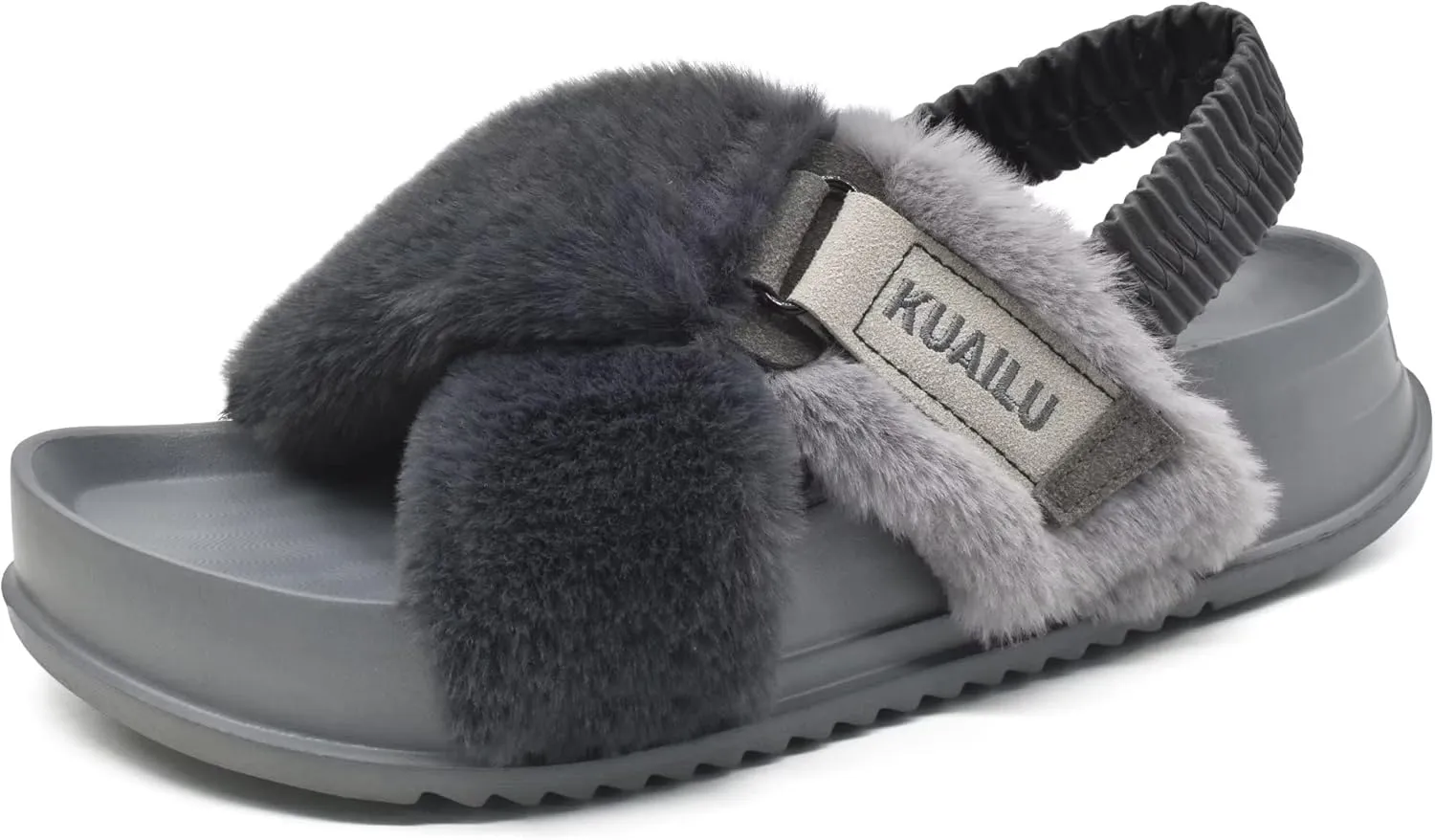 KuaiLu Womens Fuzzy Criss Cross Band Platform Slippers Arch Support Furry Faux Fur Ladies Open Toe Cozy Soft Plush Fleece Comfy House Shoes Sandals
