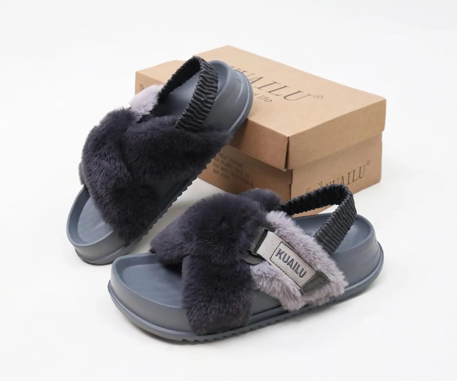 KuaiLu Womens Fuzzy Criss Cross Band Platform Slippers Arch Support Furry Faux Fur Ladies Open Toe Cozy Soft Plush Fleece Comfy House Shoes Sandals