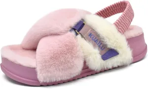 KuaiLu Womens Fuzzy Criss Cross Band Platform Slippers Arch Support Furry Faux Fur Ladies Open Toe Cozy Soft Plush Fleece Comfy House Shoes Sandals