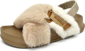 KuaiLu Womens Fuzzy Criss Cross Band Platform Slippers Arch Support Furry Faux Fur Ladies Open Toe Cozy Soft Plush Fleece Comfy House Shoes Sandals