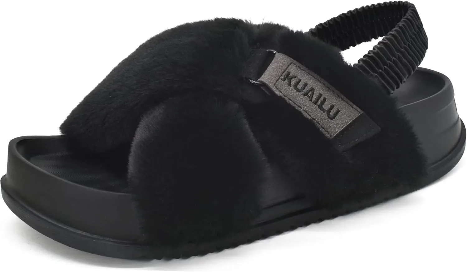 KuaiLu Womens Fuzzy Criss Cross Band Platform Slippers Arch Support Furry Faux Fur Ladies Open Toe Cozy Soft Plush Fleece Comfy House Shoes Sandals