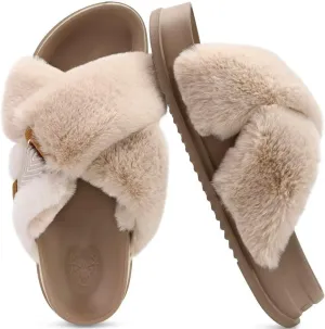 KuaiLu Women's Fuzzy Cross Band Platform Slippers Comfortable Faux Fur Open Toe Arch Support Slides Slippers for Indoor Outdoor