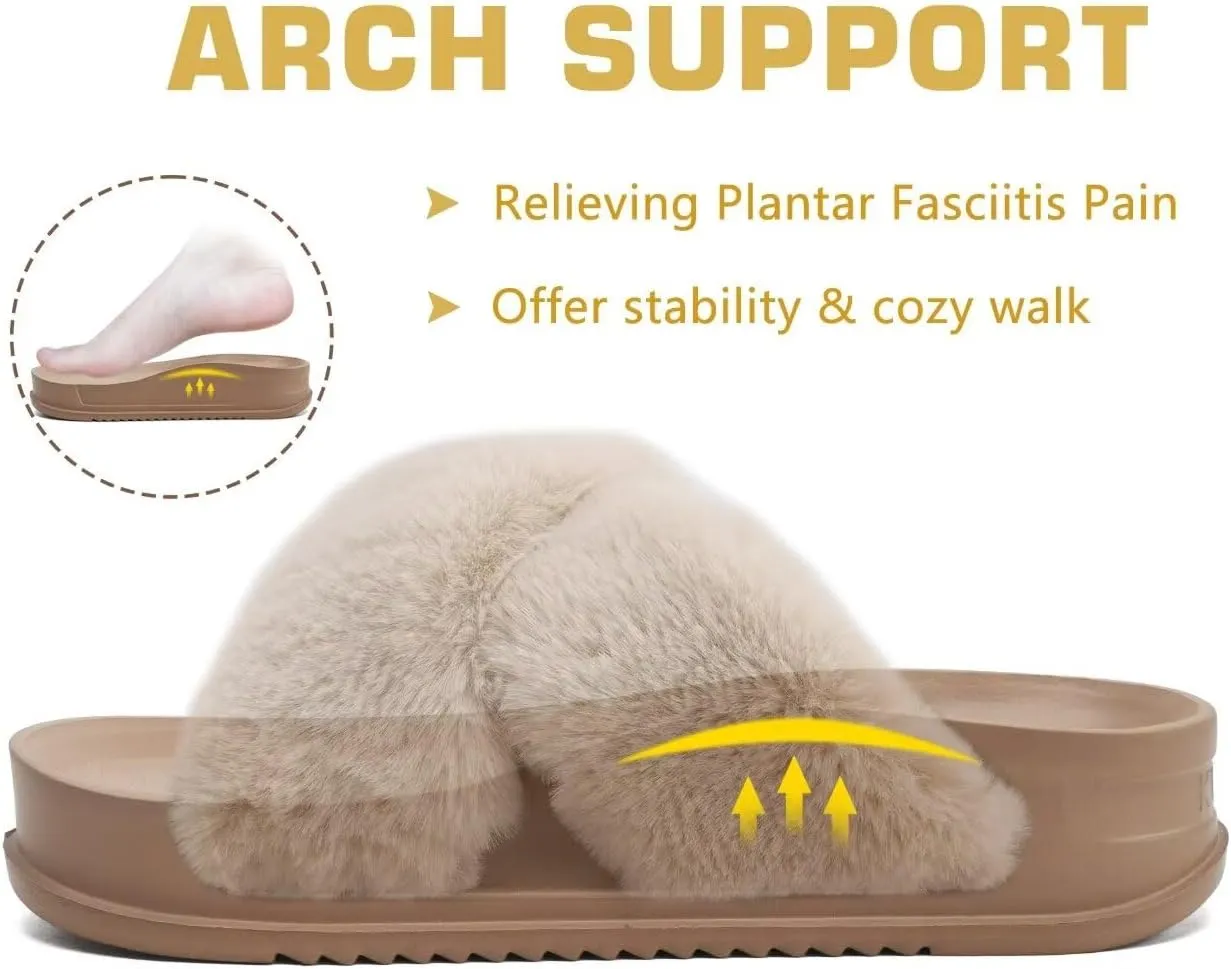 KuaiLu Women's Fuzzy Cross Band Platform Slippers Comfortable Faux Fur Open Toe Arch Support Slides Slippers for Indoor Outdoor