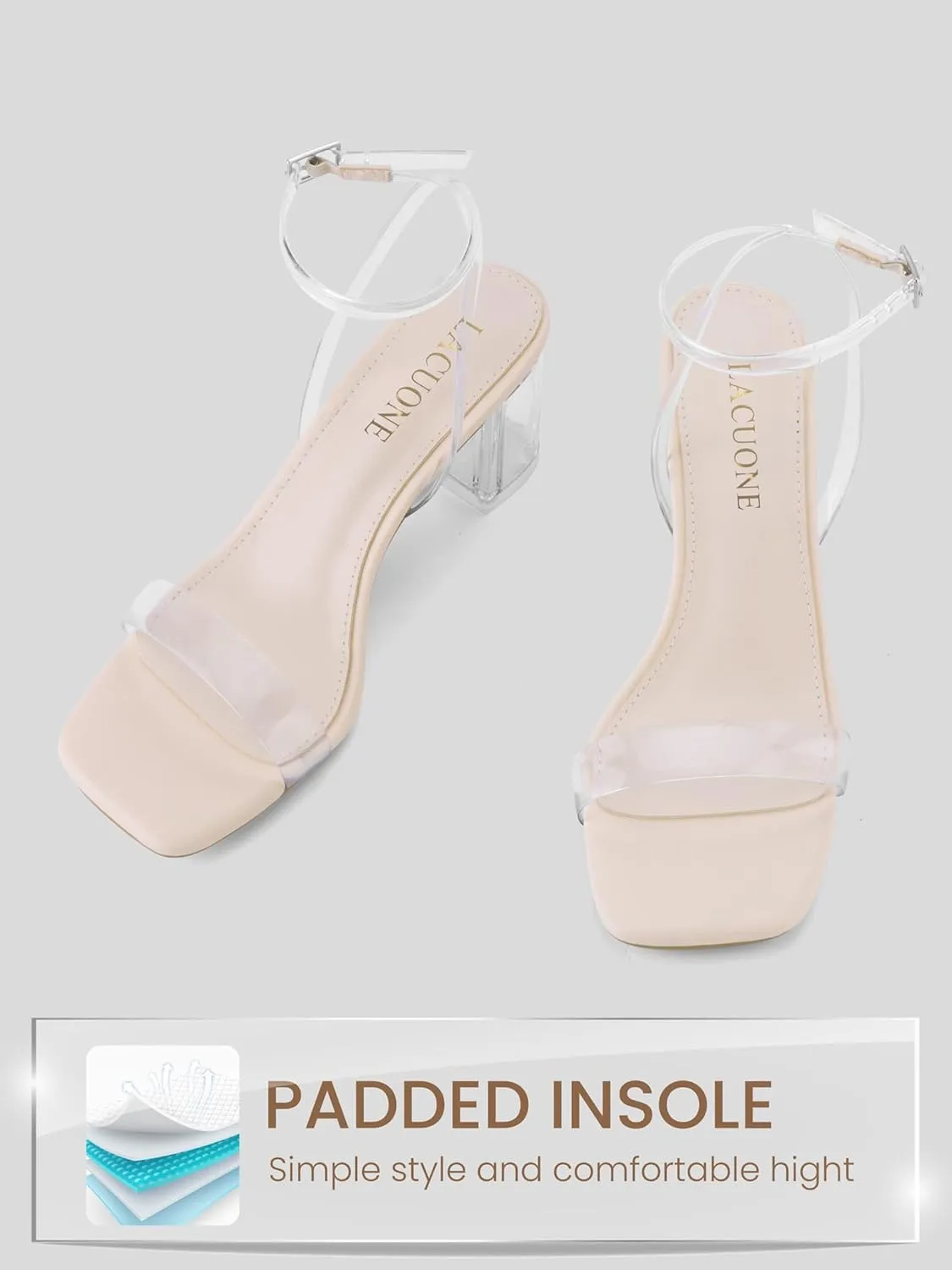 LACUONE Strappy Heels for women Block Chunky Heels Ankle Buckle Square Toe Heeled Sandals