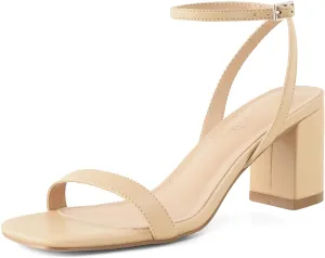 LACUONE Strappy Heels for women Block Chunky Heels Ankle Buckle Square Toe Heeled Sandals