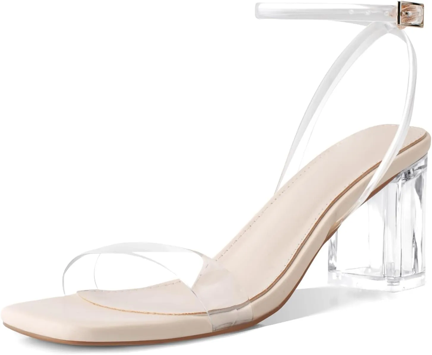 LACUONE Strappy Heels for women Block Chunky Heels Ankle Buckle Square Toe Heeled Sandals