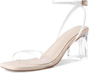 LACUONE Strappy Heels for women Block Chunky Heels Ankle Buckle Square Toe Heeled Sandals