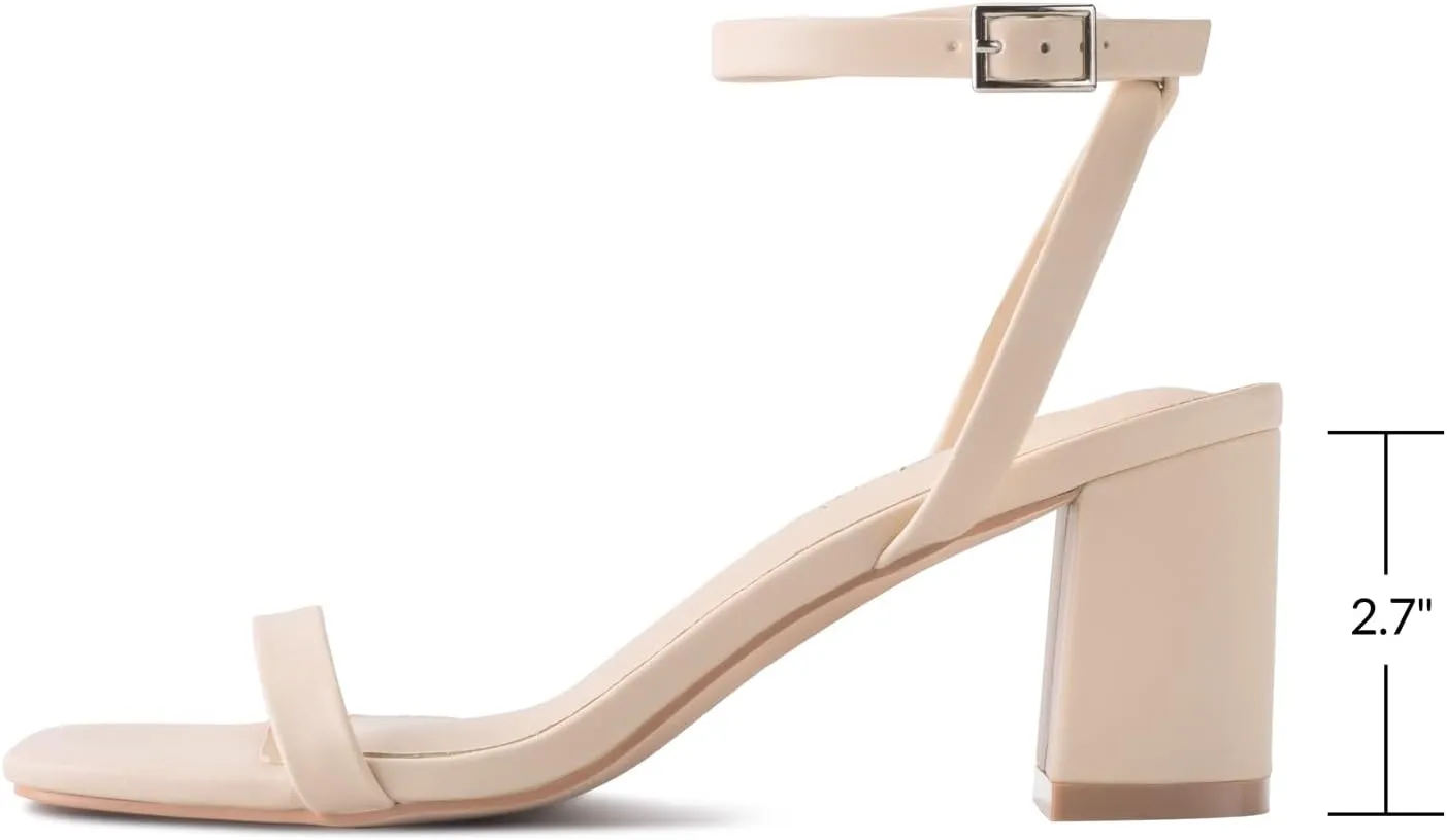 LACUONE Strappy Heels for women Block Chunky Heels Ankle Buckle Square Toe Heeled Sandals