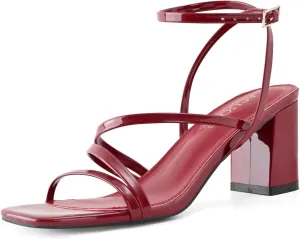 LACUONE Strappy Heels for women Block Heels Square Toe Chunky Ankle Buckle Pump Heeled Sandals