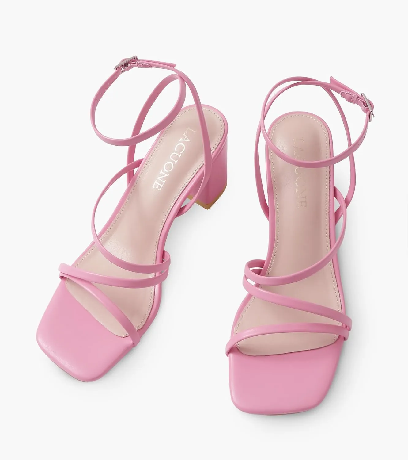 LACUONE Strappy Heels for women Block Heels Square Toe Chunky Ankle Buckle Pump Heeled Sandals