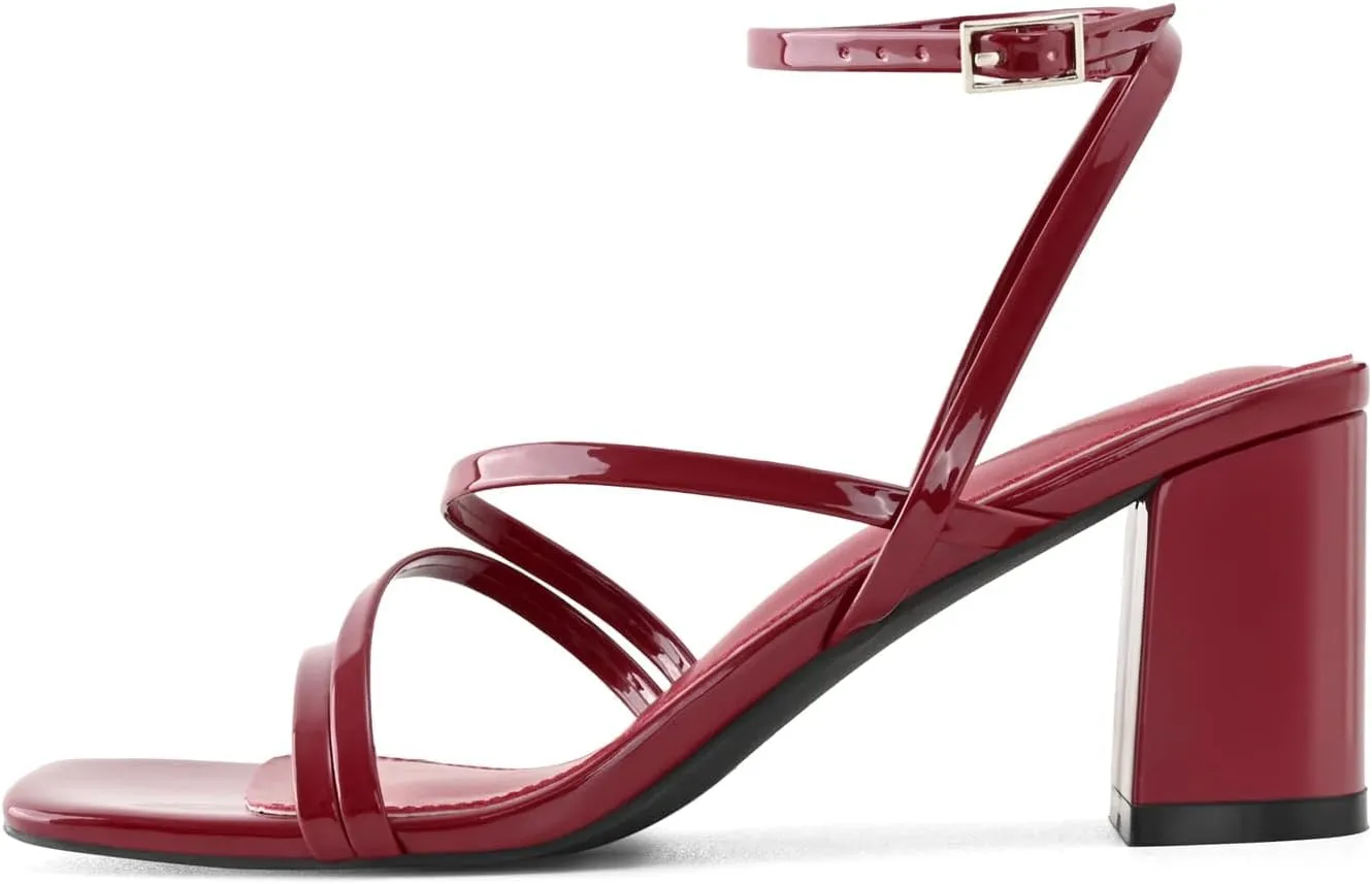 LACUONE Strappy Heels for women Block Heels Square Toe Chunky Ankle Buckle Pump Heeled Sandals