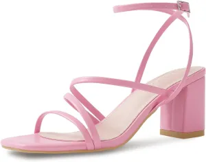 LACUONE Strappy Heels for women Block Heels Square Toe Chunky Ankle Buckle Pump Heeled Sandals